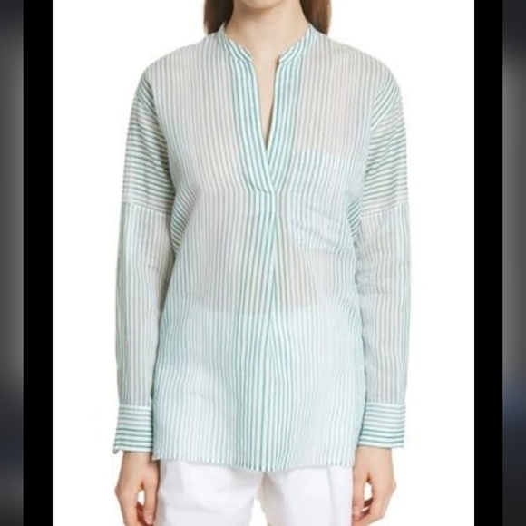 Vince Pencil Stripe Cotton & Silk Tunic In Malachite Popover Tunic Sheer Size SP - Picture 1 of 13